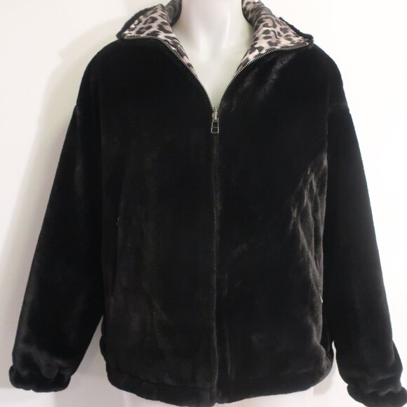Womens Shag Boutique Black Faux Fur Jacket W/Leopard Lining L - Picture 1 of 9